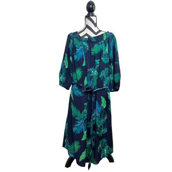 NWT GAP Botanical Leaf Print Sz 3X Tropical Travel Midi Dress - Picture 1 of 11